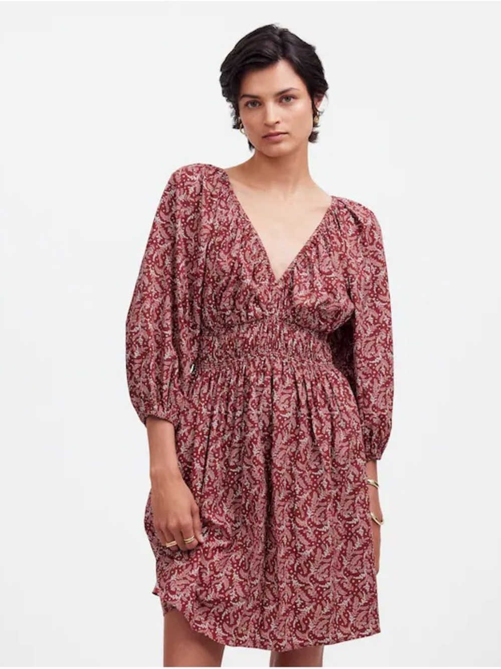 Madewell Puff-Sleeve V-Neck Mini Dress in Paisley Floral Size 6